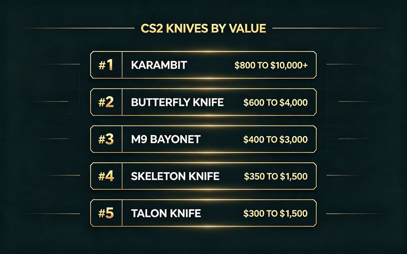 CS2 knives ranked by value — Karambit #1 $800-10000, Butterfly Knife #2 $600-4000, M9 Bayonet #3 $400-3000, Skeleton #4, Talon #5