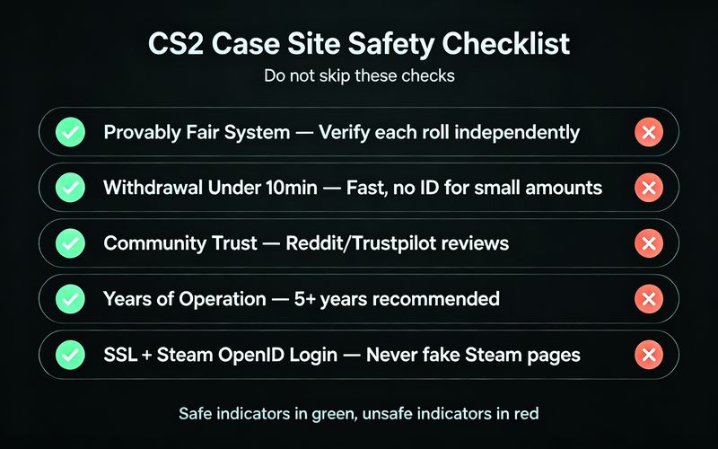 CS2 case site safety checklist — provably fair verification, withdrawal speed, community trust, years of operation, SSL and Steam login